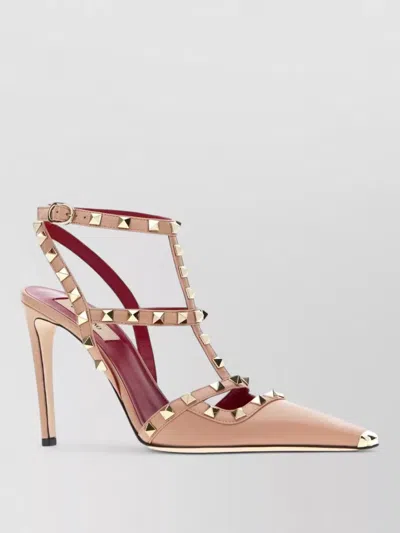 Valentino Garavani Leather Rockstud Pumps Pointed Toe Ankle Strap In Neutral