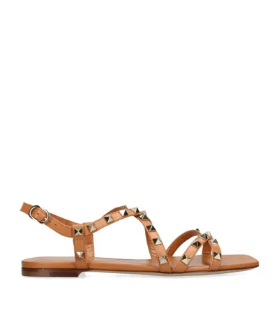Valentino Garavani Calfskin Rockstud Sandal With Straps Woman Almond 42 In Brown