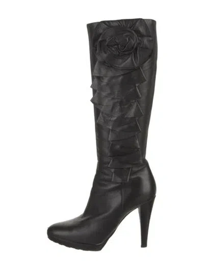 Pre-owned Valentino Garavani Leather Ruffle Embellishment Boots In Black