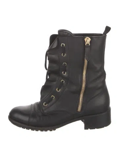 Pre-owned Valentino Garavani Leather Ruffle Embellishment Combat Boots In Black