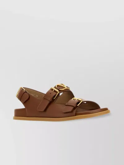 Valentino Garavani Leather Sandals With Open Toe And Flat Sole In Brown
