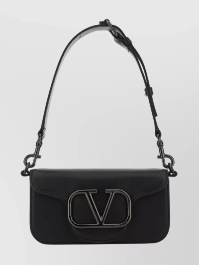 Valentino Garavani Leather Shoulder Bag With Adjustable Strap And Chain Detail In Black