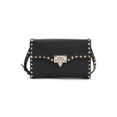 Valentino Garavani Valentino Leather Shoulder Bag With Metallic Studs And Distinctive Clasp In Black