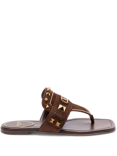 Valentino Garavani Plaster Caster Flip Flops With Gold Accents And Open Toe In Brown