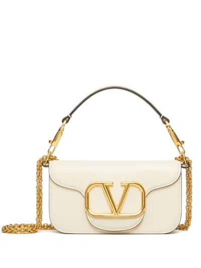 Valentino Garavani Small Shoulder Bag Loco` Vitello/antique Brass Logo In White