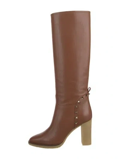 Pre-owned Valentino Garavani Leather Studded Accents Boots In Brown