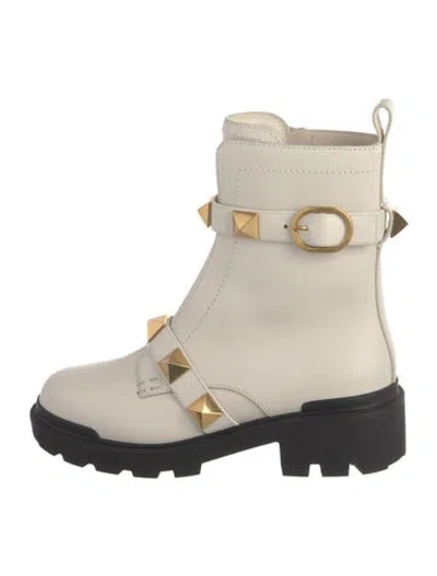 Pre-owned Valentino Garavani Leather Studded Accents Combat Boots In Neutral