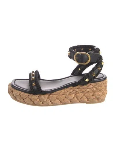 Pre-owned Valentino Garavani Leather Studded Accents Espadrilles In Black