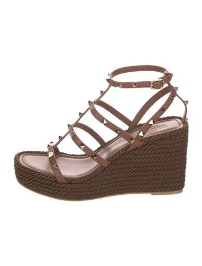 Pre-owned Valentino Garavani Leather Studded Accents Espadrilles In Brown