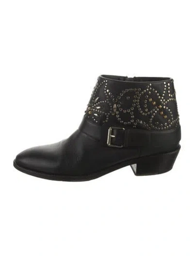 Pre-owned Valentino Garavani Leather Studded Accents Moto Boots In Black