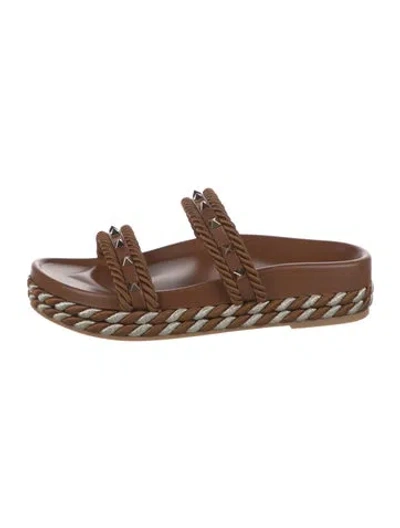 Pre-owned Valentino Garavani Leather Studded Accents Slides W/ Tags In Brown