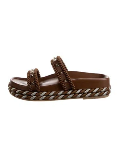 Pre-owned Valentino Garavani Leather Studded Accents Slides W/ Tags In Brown