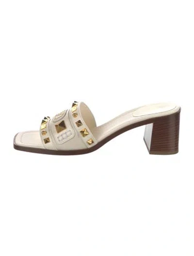 Pre-owned Valentino Garavani Leather Studded Accents Slides W/ Tags In Neutrals
