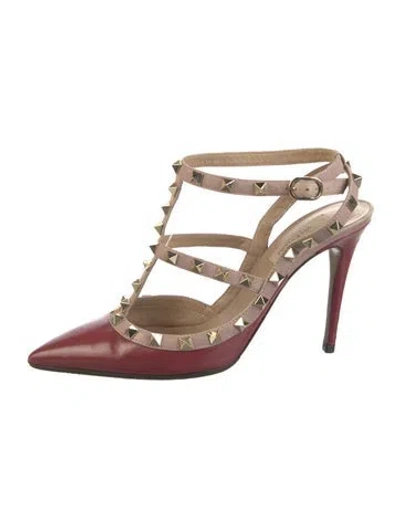 Pre-owned Valentino Garavani Leather Studded Accents T-strap Pumps In Red