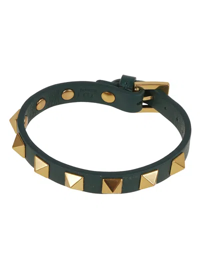 Valentino Garavani Leather Studded Bracelet (8x8mm) In Uvw Verde College