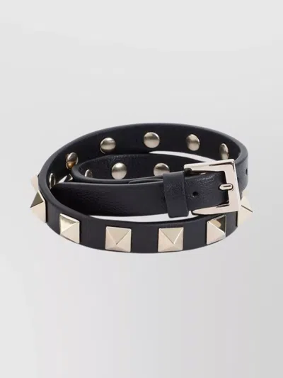 Valentino Garavani Leather Studded Double Wrap Bracelet In Black