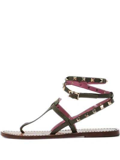 Pre-owned Valentino Garavani Leather Studded Sandals In Green