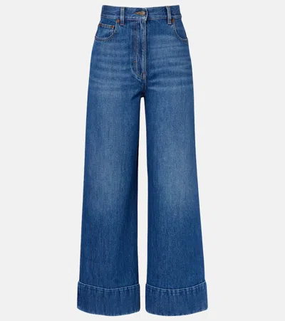 Valentino Leather-trimmed Wide-leg Jeans In Blue