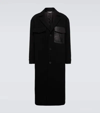 Valentino Leather-trimmed Wool Overcoat In Black