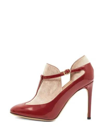 Pre-owned Valentino Garavani Leather Velvet T-strap Pumps In Red