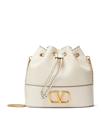 Valentino Garavani Leather Vlogo Bucket Bag In White