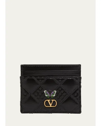 Valentino Garavani Leather Vlogo Butterfly Card Holder In Nero Multi
