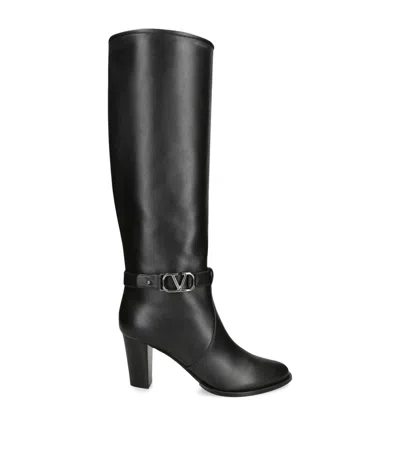 Valentino Garavani Leather Vlogo Knee-high Boots 75 In Black