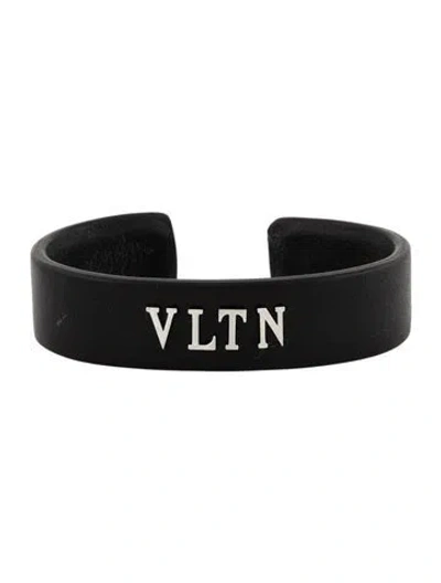 Pre-owned Valentino Garavani Leather Vltn Cuff Bracelet, 6" In Black