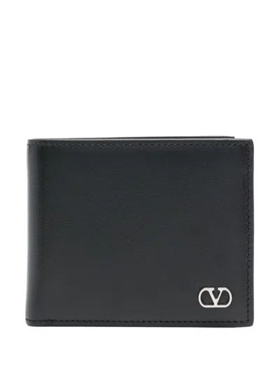 Valentino Garavani Black Wallet With Metallic Vlogo On The Front In Hammered Leather Man