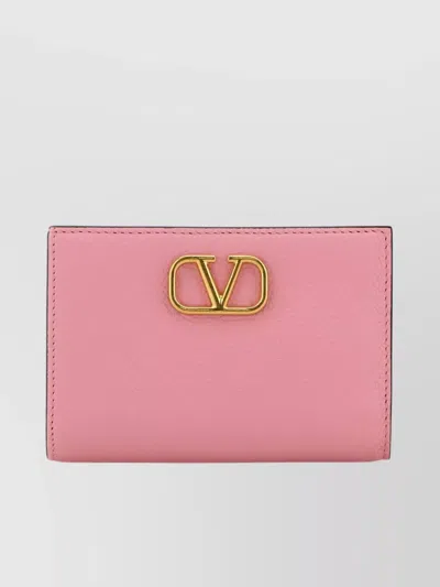 Valentino Garavani Leather Wallet Vlogo Fold-over Textured Finish In Pink