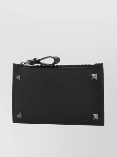 Valentino Garavani Leather Wallet With Studded Accents And Wrist Strap In Black