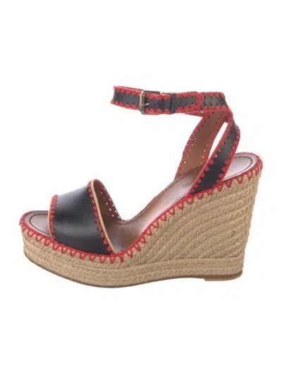 Pre-owned Valentino Garavani Leather Whipstitch Trim Espadrilles In Black
