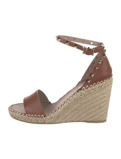 Pre-owned Valentino Garavani Leather Whipstitch Trim Espadrilles In Brown