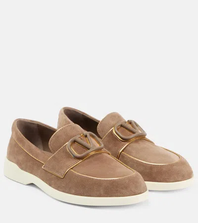 Valentino Garavani Round Toe Suede Finish Loafers Rubber Sole In Brown