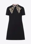 Valentino Embellished Pussy-bow Wool And Silk-blend Crepe Mini Dress In Black