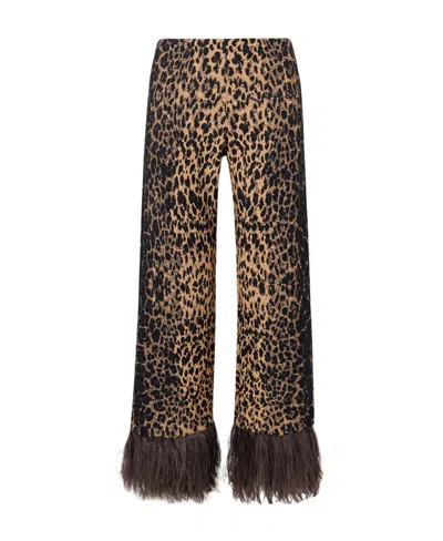 Valentino Leopard Print Feather Hem Casual Pants In Brown