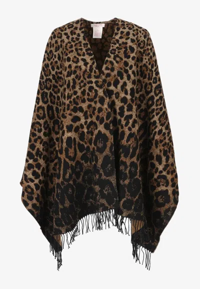Valentino Leopard Print Poncho In Wool Blend In Brown