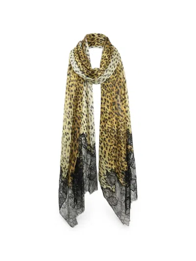 Valentino Leopard-print Lace-trim Scarf In Brown