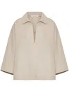 VALENTINO BEIGE LINEN TOP WITH GOLD-TONE LOGO PLAQUE AND THREE-QUARTER LENGTH SLEEVES