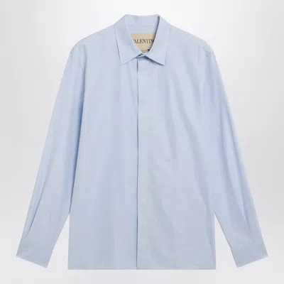 Valentino Light Blue Fil-à-fil Cotton Shirt With V Logo Embroidery
