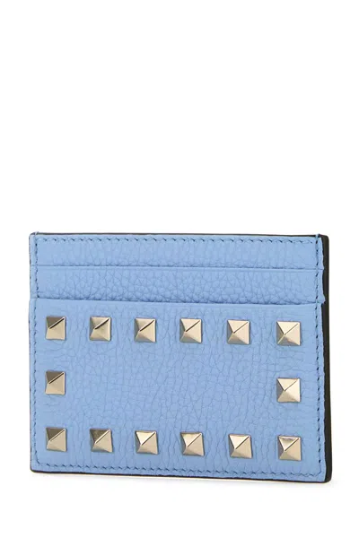 Valentino Garavani Light Blue Leather Rockstud Card Holder In Popelineblue