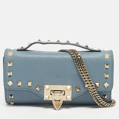 Pre-owned Valentino Garavani Light Blue Leather Rockstud Flap Crossbody Bag