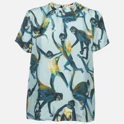 Pre-owned Valentino Light Blue Monkey Print Silk Short Sleeve Top M