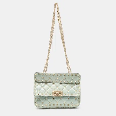 Pre-owned Valentino Garavani Light Blue Quilted Coated Fabric Small Rockstud Spike Top Handle Bag