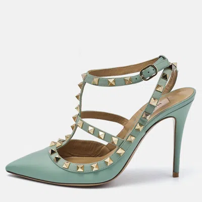 Pre-owned Valentino Garavani Light Green Leather Rockstud Ankle Strap Pumps Size 38.5