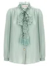 Valentino Crepe Shirt With High Neck And Ruffled Neckline In Light Green