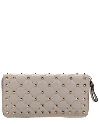 Valentino Garavani Valentino Light Grey Calfskin Leather Rockstud Spikes Long Zip Wallet (authentic Pre-loved) In Neutral
