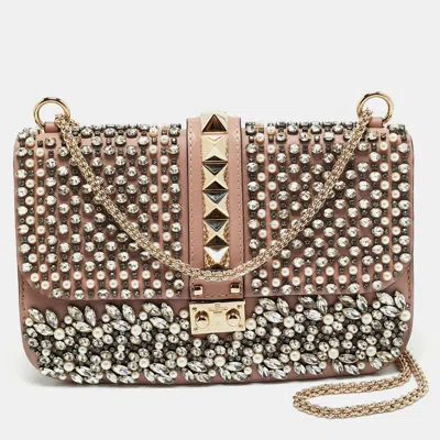 Pre-owned Valentino Garavani Light Pink Leather Medium Rockstud Glam Crystals Embellished Lock Flap Bag