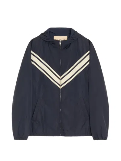 Valentino Lightweight Nylon Hooded Windbreaker With Inlaid V In Blue