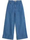 Valentino Womens Brand-patch Buttoned-pockets Wide-leg High-rise Denim And Linen-blend Jeans Medium Blue Denim In Blue